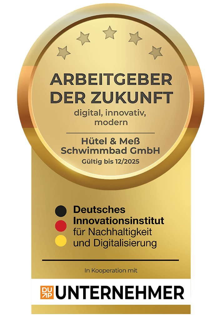 Goldenes Siegel, ausgezeichnet als "Arbeitgeber der Zukunft" mit Unternehmennamen und Logo.